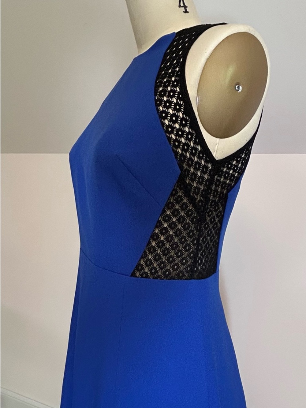 Royal Blue Sleeveless Dress with Black Lace Insets. Custom made